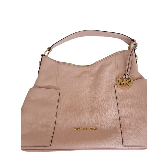 Michael Kors Jet Set Large Pebbled Leather Tote Purse Charm Pockets Beige Logo - Picture 12 of 12